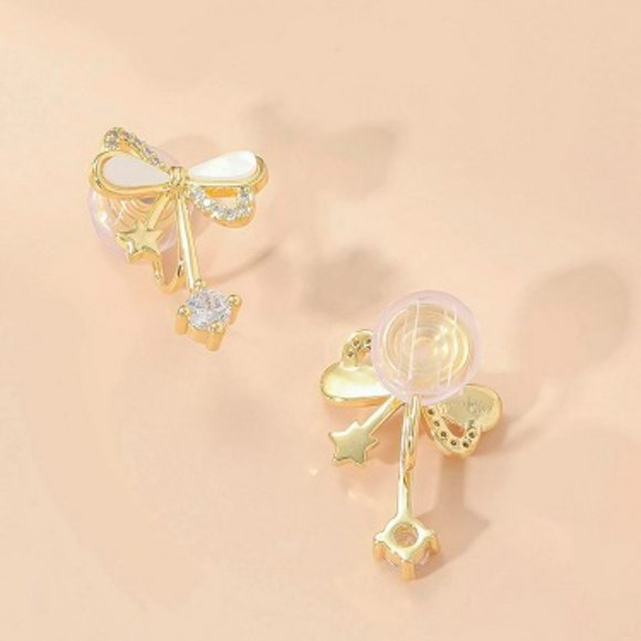 Gold & Rhinestone Colored Bow & Star CLIP Earrings - Picture 3 of 3